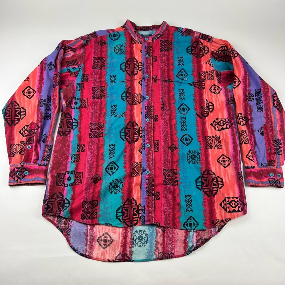 Vintage Wrangler Western Cowboy Aztec Colorful Long Sleeve Mens XL 16 - 16.5